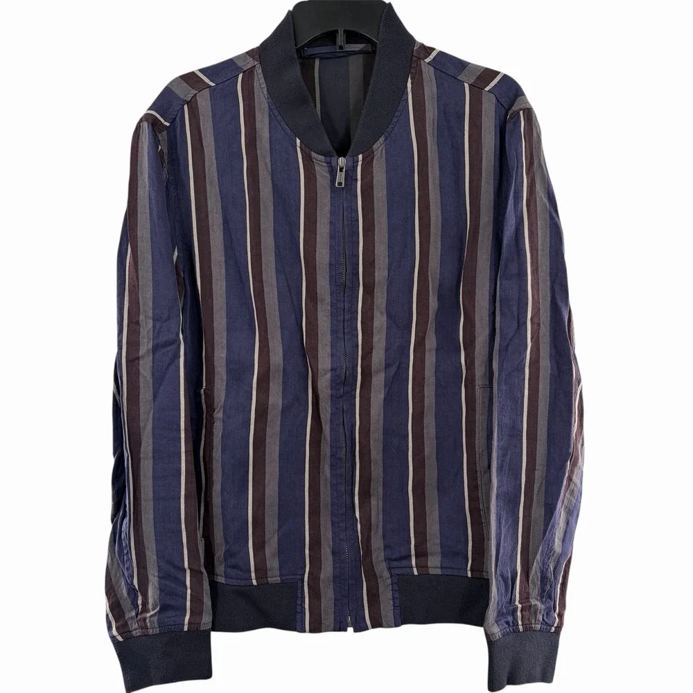 Todd Snyder Jacket Mens L Bomber Full Zip Striped Navy Blue Linen Barre L